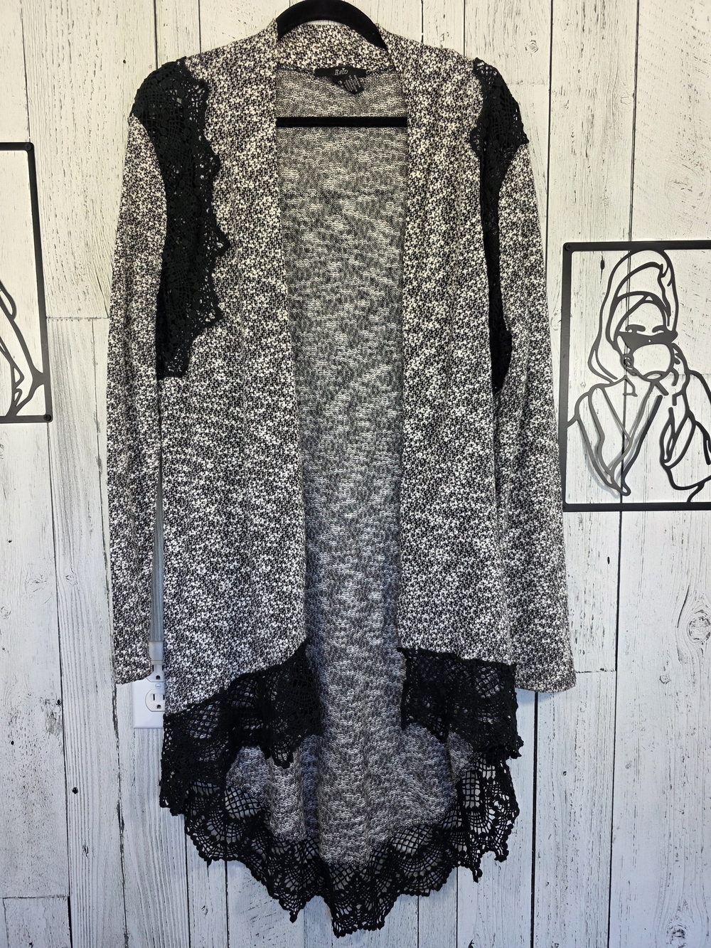 Rain Black & White Crochet Lace Longline Cardigan Size Large Boho Fall Layering